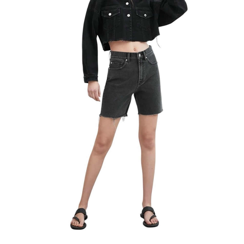 Zara Washed Black High-Rise Frayed Hem Bermuda Denim Shorts